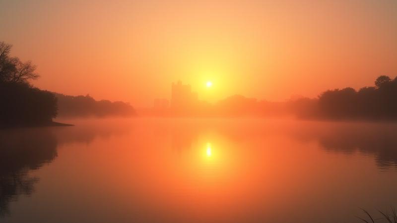 Sunrise over a calm lake, inspiring focus and a new beginning