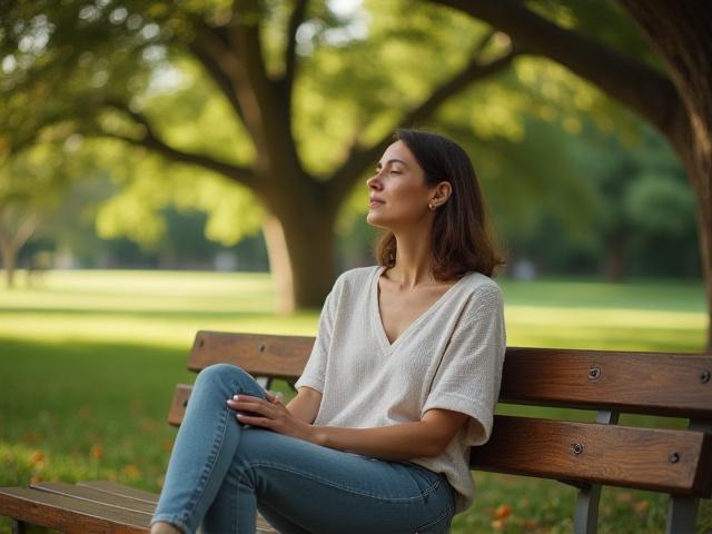 Woman practicing mindfulness in a serene Austin park setting